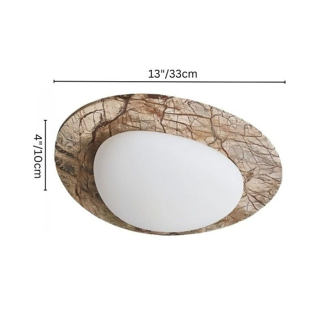 "Ceiling lamp dimensions, travertine and acrylic material, modern organic style, warm glow effect"