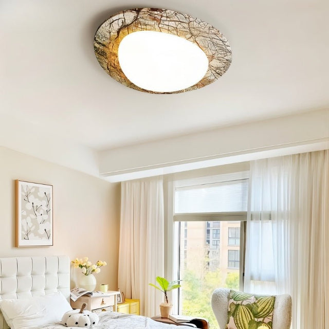"Ceiling lamp in minimalist bedroom, natural stone pattern, warm ambient glow, travertine and acrylic"