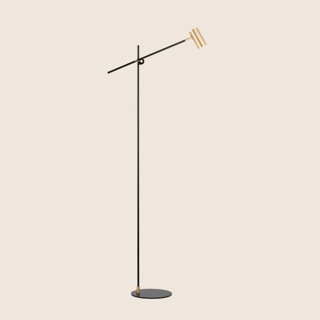 "Modern black steel floor lamp with an adjustable arm for focused lighting"