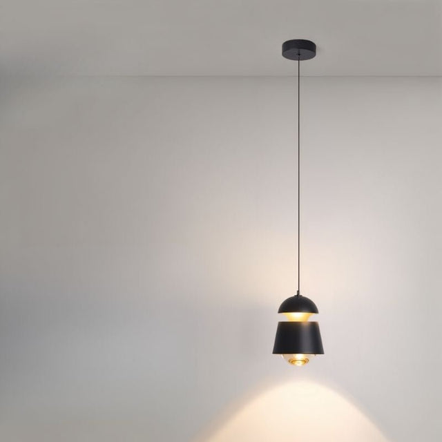 "Black pendant light with a unique design made of metal and glass, providing soft, ambient light for modern interiors."