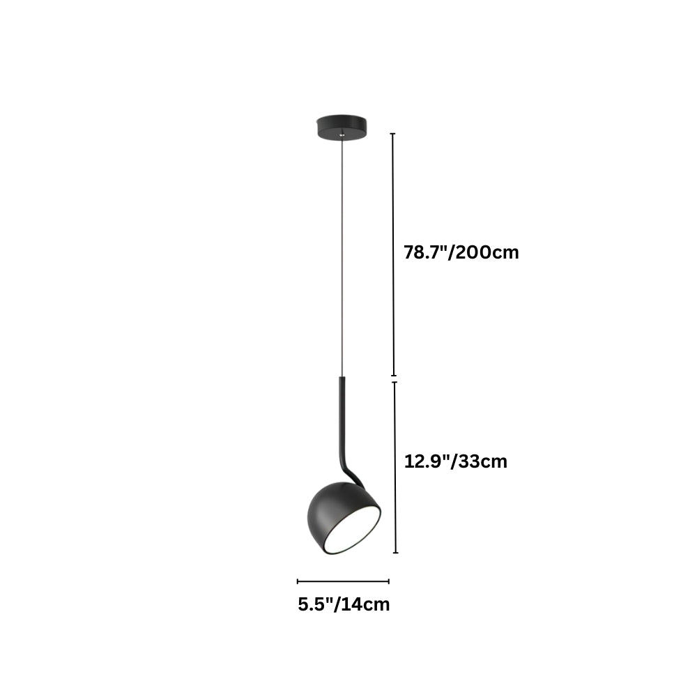 "Diagram showing the dimensions of a curved iron pendant light with a dome-shaped shade."