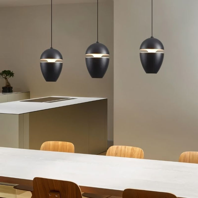 "Contemporary pendant lights with black finish, ideal for kitchen islands, made from aluminum and glass."