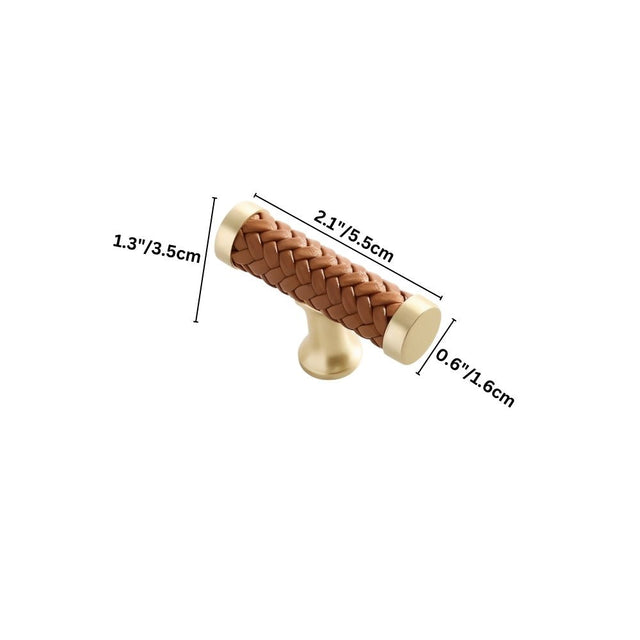 "Showing the dimensions of a brown braided leather knob with gold accents."