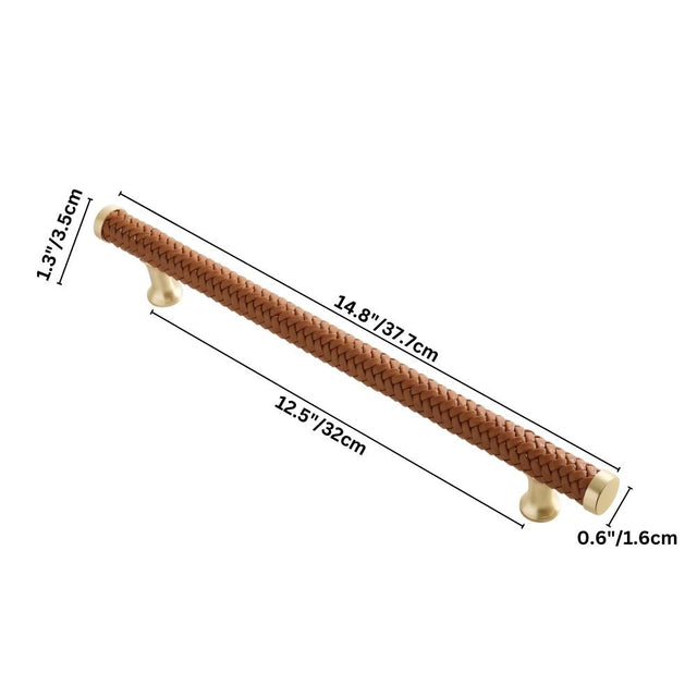 "Showing the dimensions of a brown braided leather pull bar handle with gold accents."