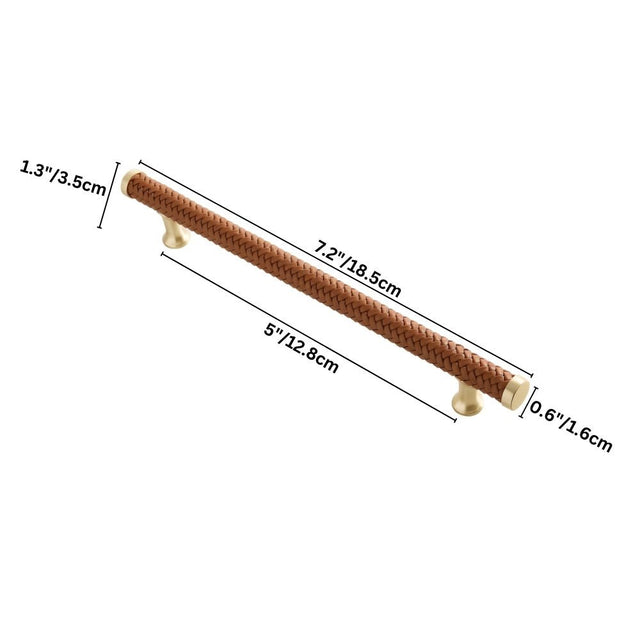 "Showing the dimensions of a brown braided leather pull bar handle with gold accents."