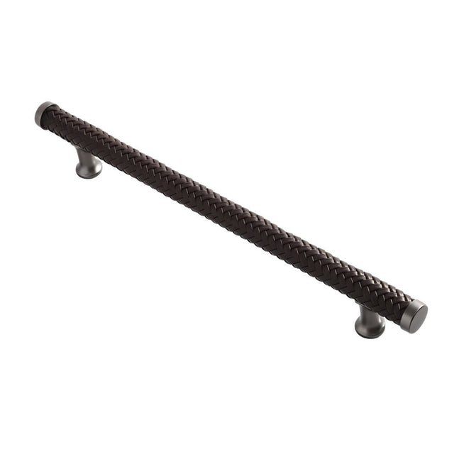 "Braided leather pull bar handle with a luxurious finish, isolated on a white background."