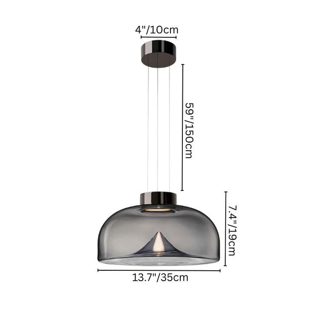 "Pendant light dimensions: 4” ceiling mount, 59” adjustable suspension, 13.7” glass shade, suitable for various ceilings."