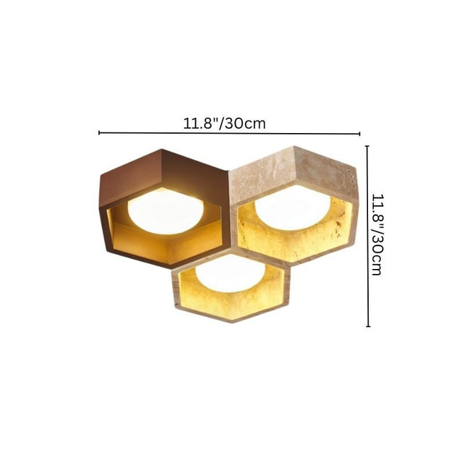 "Honeycomb ceiling lamp with dimensions, travertine and walnut construction, geometric design"