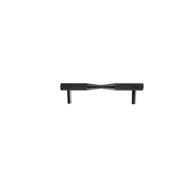 "Black brass pull bar handle with knurled detailing, isolated on a white background."