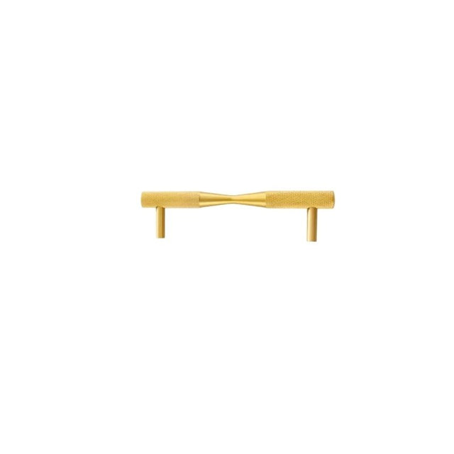 "Single brass pull bar handle with knurled detailing, isolated on a white background."