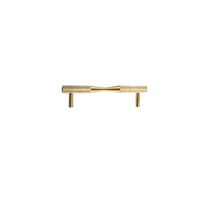 "Brass pull bar handle with knurled detailing and a cylindrical design, isolated on a white background."
