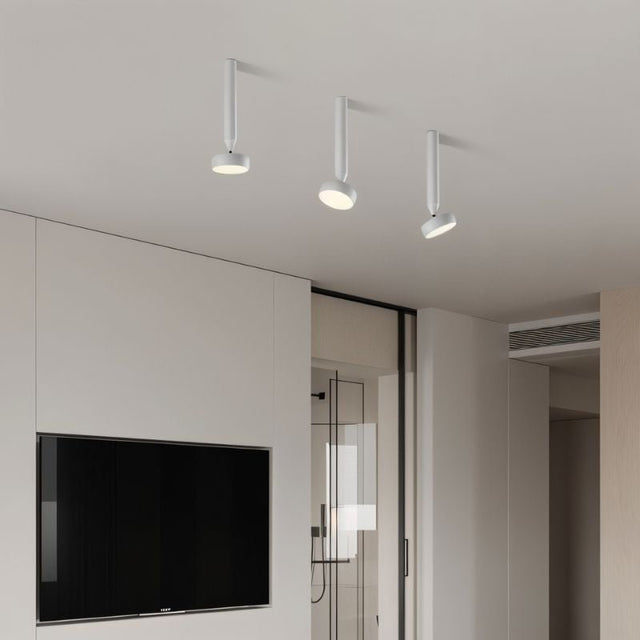 "Minimalist ceiling light in white finish, installed in a modern interior, durable aluminum material, and adjustable design."