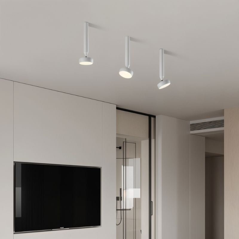 "Minimalist ceiling light in white finish, installed in a modern interior, durable aluminum material, and adjustable design."