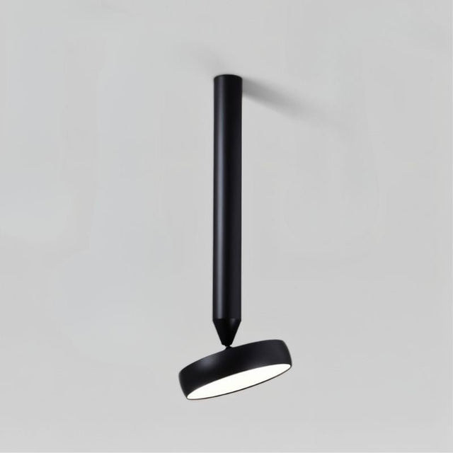 "Single black ceiling light with adjustable cylindrical head, minimalist design, aluminum construction, and contemporary appeal."