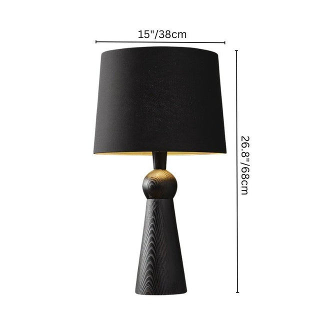 "Wooden base with fabric shade, line drawing dimension, stylish and modern table lamp, ideal for desks or tables, crafted from high-quality wood and fabric."