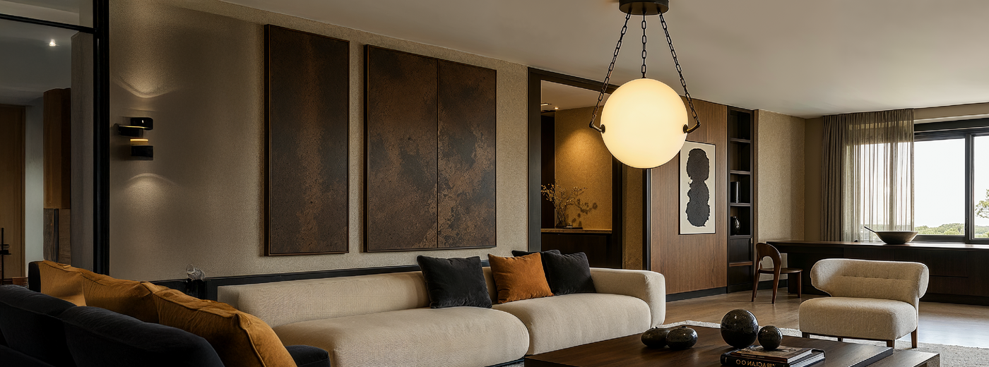 Modern living room with a sofa, coffee table, and the Globus Pendant Light.