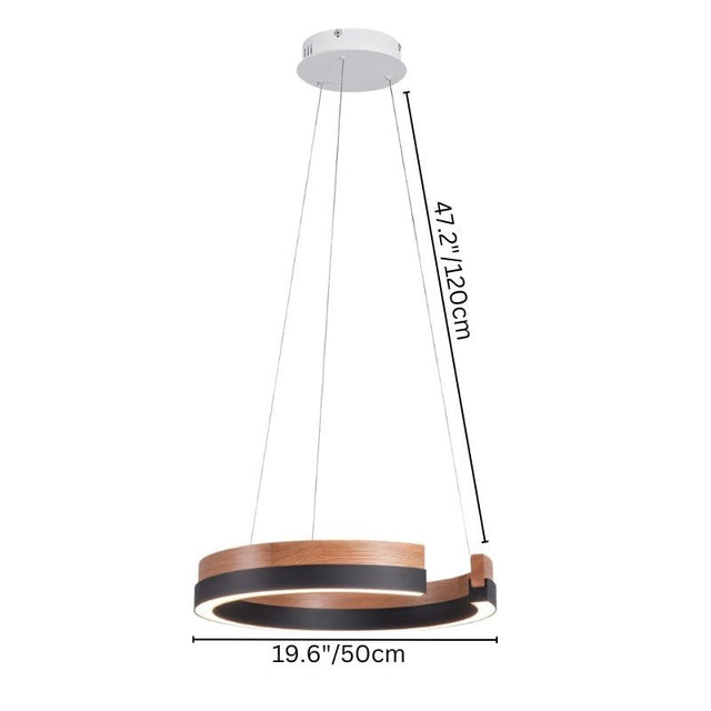 "Suspended pendant light with wooden frame, industrial detailing, 50cm diameter and height-adjustable cables."