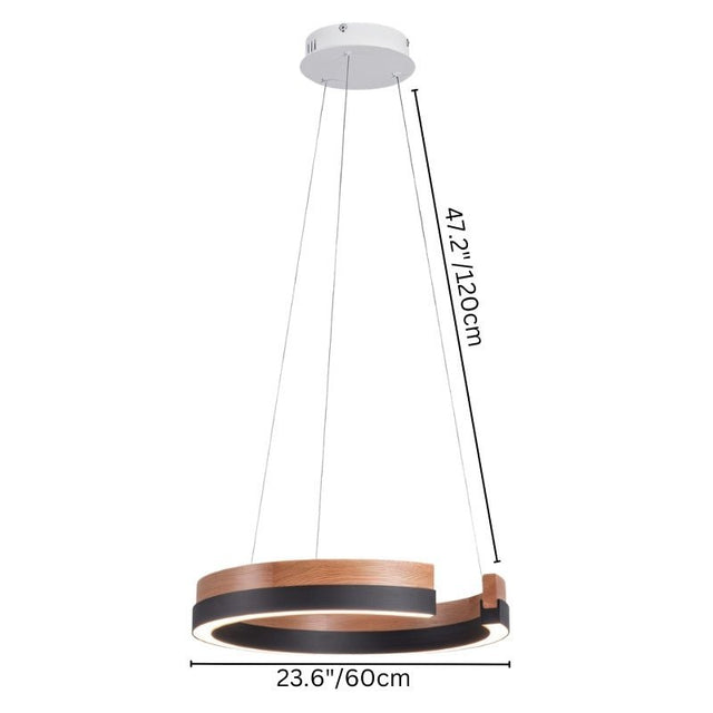 "Contemporary pendant light with natural wood finish, 60cm diameter, adjustable cords, and even illumination."