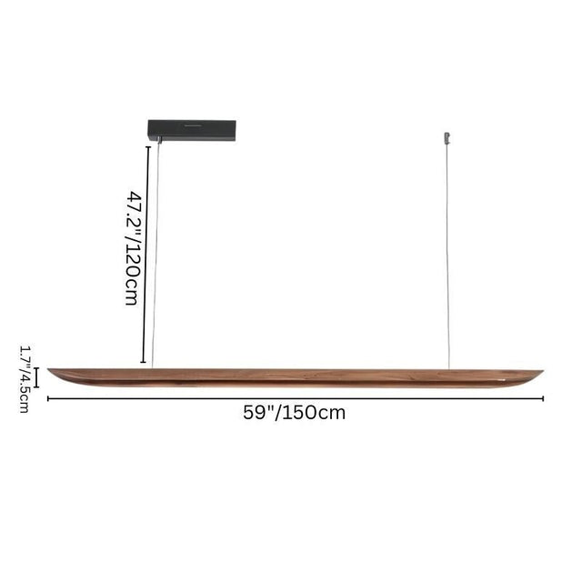 "Dimensions of Illuvia pendant light in premium wood material, 59” long, ideal for large dining or office spaces."