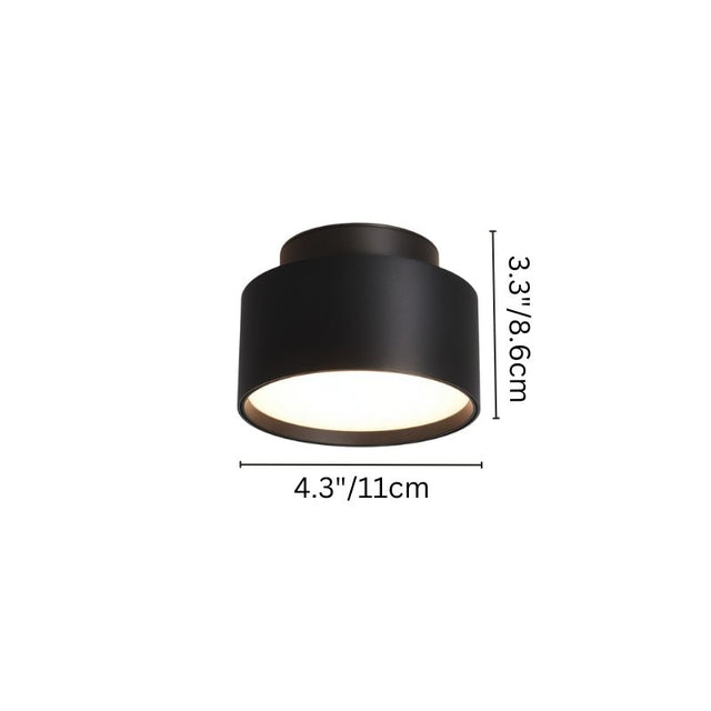 "Black drum-shaped ceiling light with dimensions shown, 11cm wide, 8.6cm high, sleek aluminum finish."