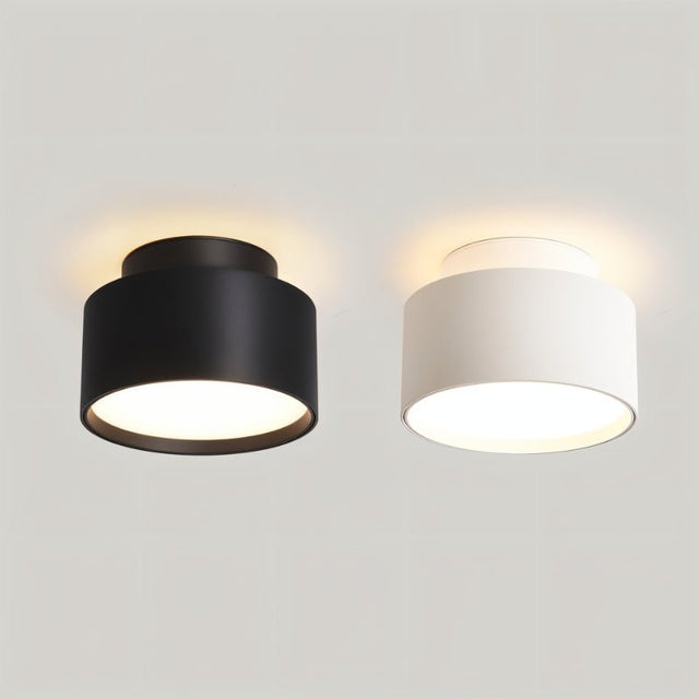 "Side-by-side black and white aluminum ceiling lights, minimalist modern style, soft glow lighting."