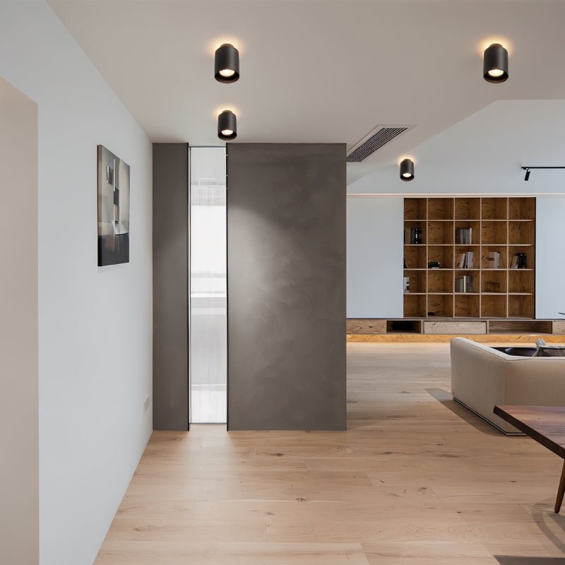 "Black ceiling lights installed in a modern living room, sleek aluminum design, minimalist ambient lighting."