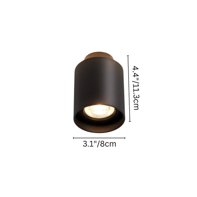 "Tubular black ceiling light with spotlight design, dimensions displayed, 8cm wide and 11.3cm high."