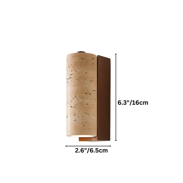 "Wall lamp with a cylindrical travertine shade and wooden base, showing its dimensions."