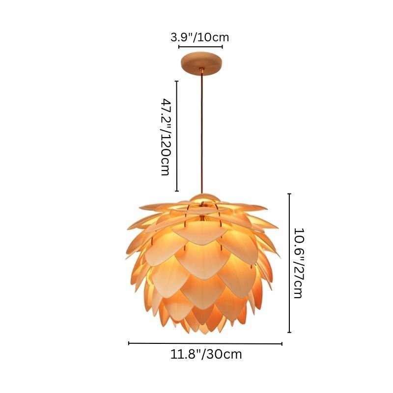 "Small pendant lamp dimensions, wooden layered design, warm ambient light, 11.8-inch diameter fixture"