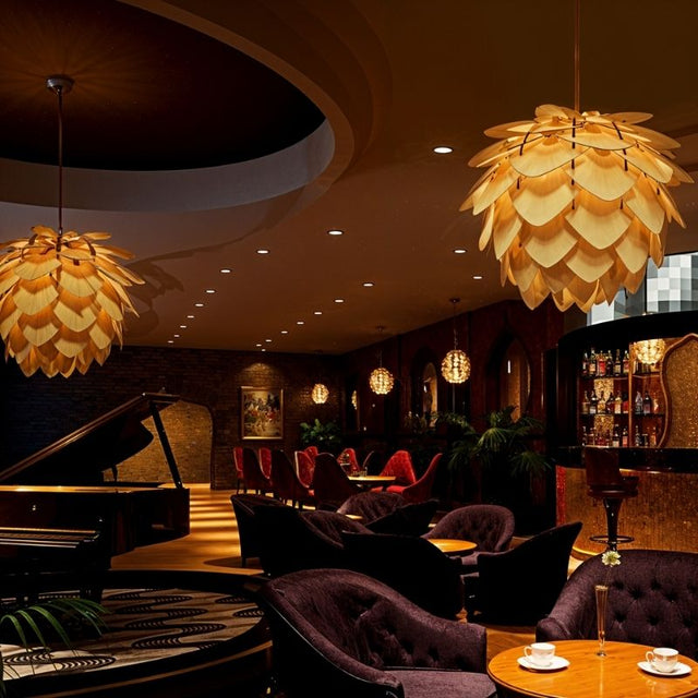 "Wooden pendant lamps in luxury lounge, layered petal design, warm ambient lighting for elegant interiors"