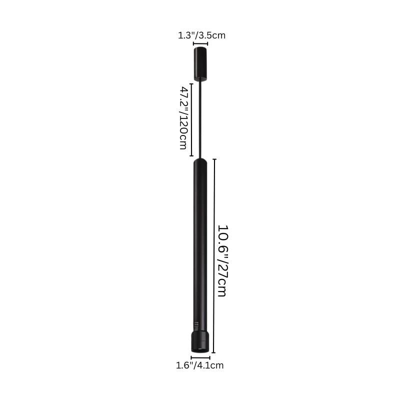"Black cylindrical pendant light dimensions, 27cm height, 4.1cm diameter, minimalist design"