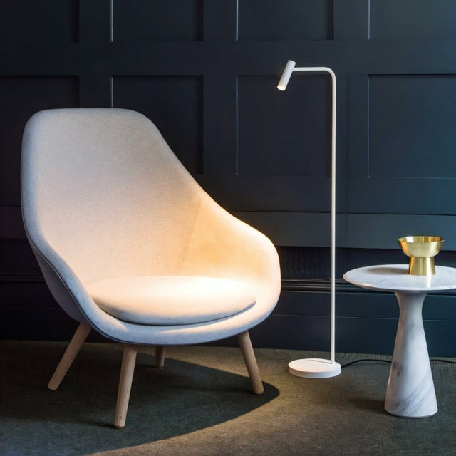 "Modern floor lamp with a slim curved frame and adjustable head in a cozy living room"
