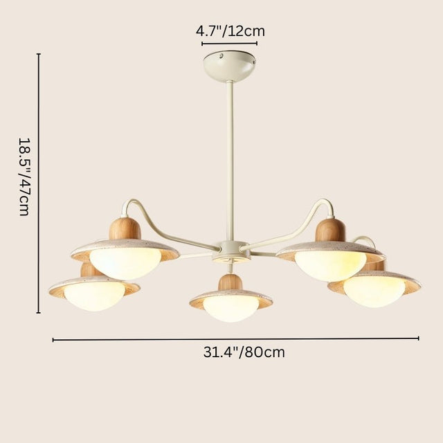 "Chandelier with five curved arms, natural wood and travertine, dimensions 31.4 inches wide and 18.5 inches high"