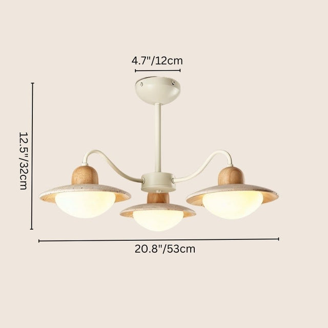 "Chandelier with three curved arms, natural wood and travertine, dimensions 20.8 inches wide and 12.5 inches high"