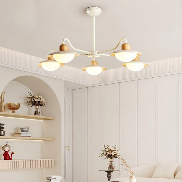 "Modern chandelier with natural wood and travertine, enhancing home decor with warm lighting"