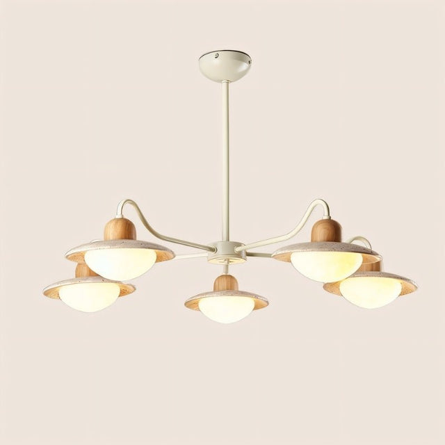 "Chandelier with five curved arms, wood and travertine materials, soft ambient lighting"