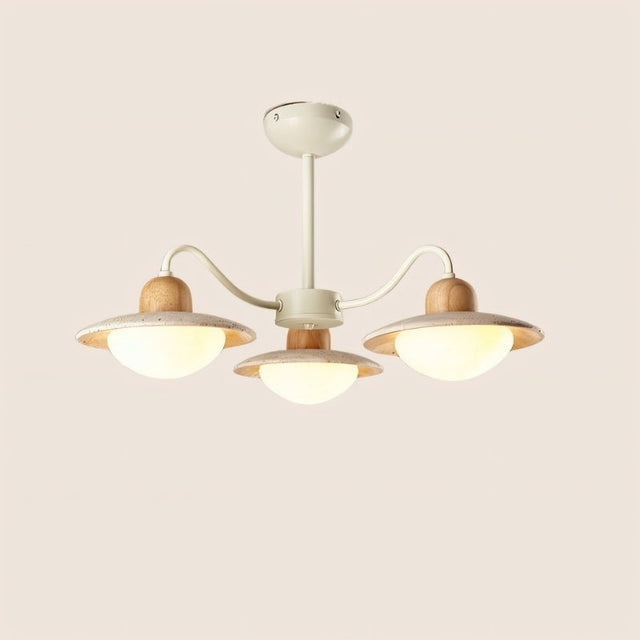 "Small minimalist chandelier with warm lampshades, curved arms, wood and travertine details"