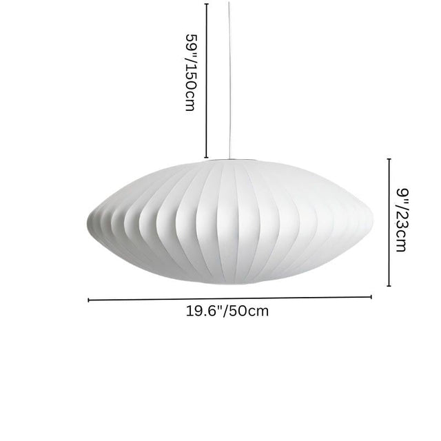 "Medium-sized pendant light with labeled dimensions, 19.6 inches wide, 9 inches tall, and adjustable hanging length for modern interiors."