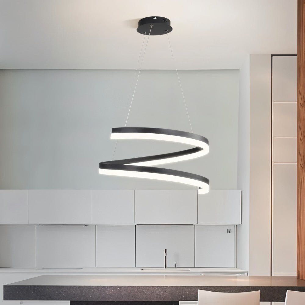 "Modern pendant light with a white spiral ribbon design in a contemporary kitchen."
