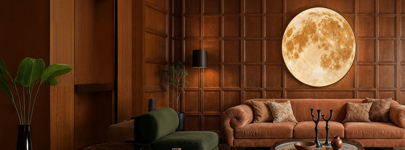 Living room with the Moon Illuminated Art piece on a wooden paneled wall.