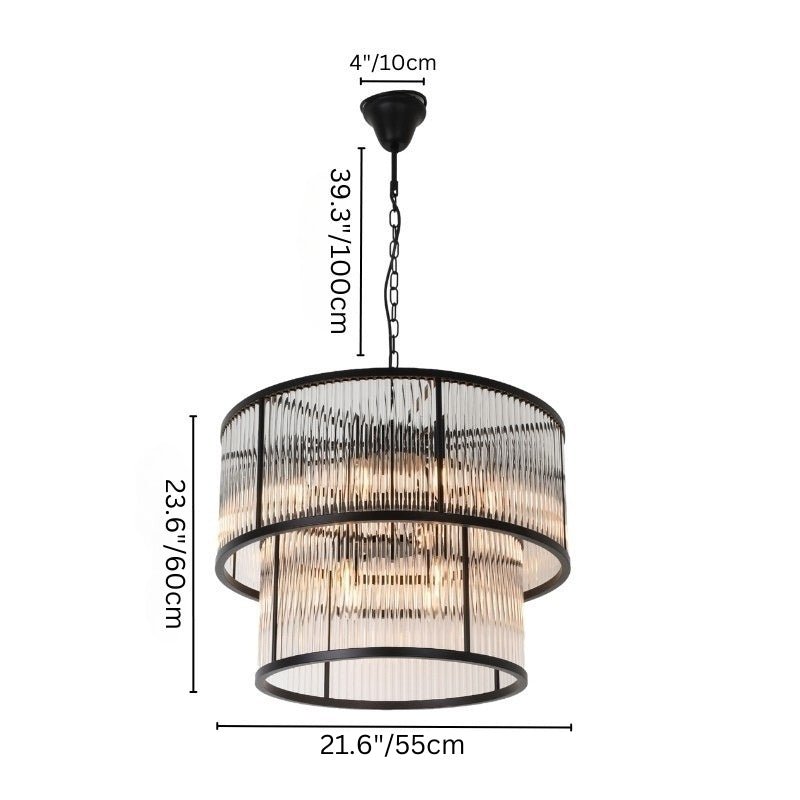 "A two-tiered round chandelier with an iron frame and ribbed glass panels, displaying its dimensions for height, width, and adjustable hanging chain."
