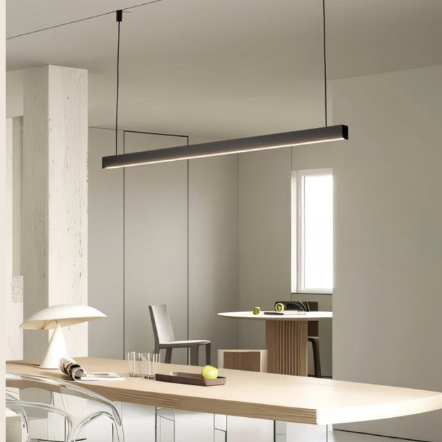 "Linear pendant light above modern dining table, aluminum track, minimalist ceiling fixture, soft illumination"