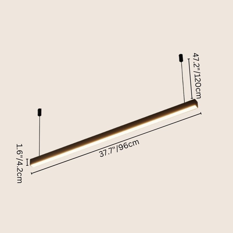 "Pendant light size illustration, large aluminum structure, ultra-slim linear ceiling design, dimension details"