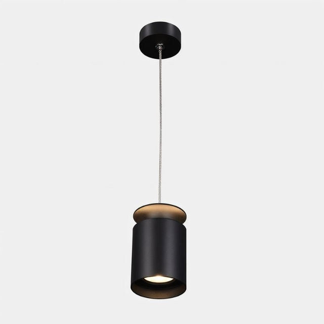 "Close-up of a suspended cylindrical pendant light, matte black aluminum body, golden accents, modern ceiling fixture"