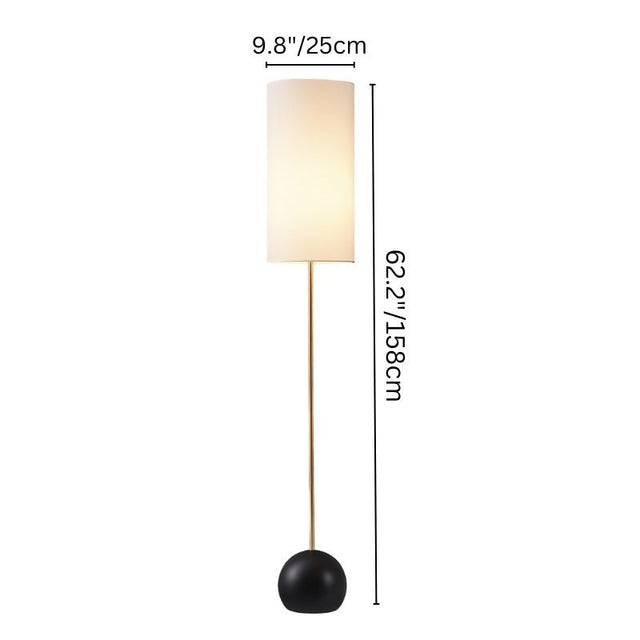 "Tall floor lamp with a cylindrical fabric shade, wooden pole, spherical base, and height dimensions of 62.2 inches"