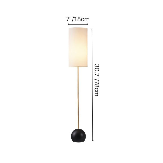 "Floor lamp with a cylindrical fabric shade, wooden pole, spherical base, and height dimensions of 30.7 inches"