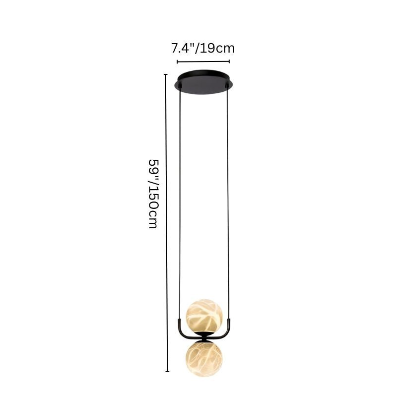 "Ostra pendant lamp featuring two alabaster spheres with dimensions of 7.4''/19cm ceiling mount and 59''/150cm hanging length, perfect for adding modern elegance to any space."