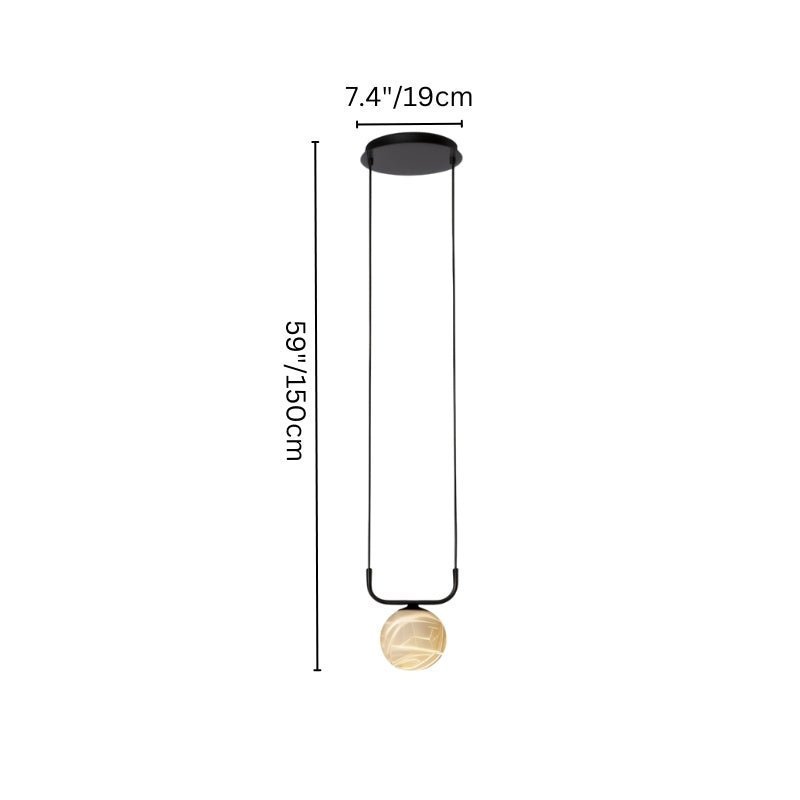 "Ostra pendant lamp with dimensions shown, featuring a 7.4''/19cm ceiling mount and 59''/150cm hanging length, perfect for modern interiors with its alabaster and aluminum design."