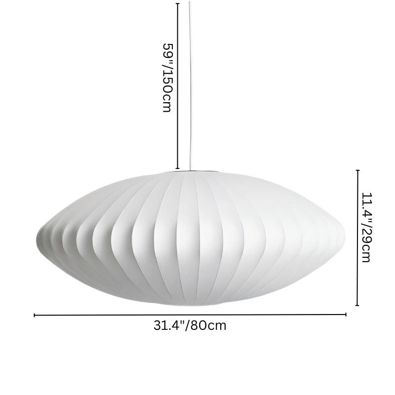 "Pendant light with labeled dimensions, showcasing modern design, 31.4 inches wide, 11.4 inches tall, and adjustable hanging length."