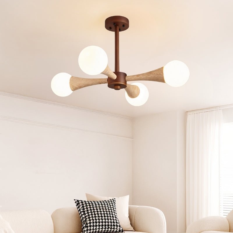 "Contemporary ceiling lamp crafted from natural travertine and wood, featuring a balanced structure and soft light suitable for rustic spaces."